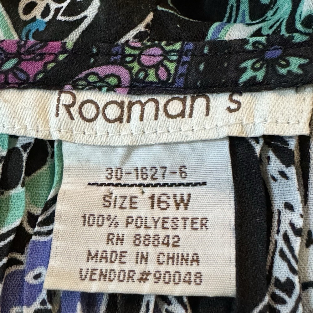 Roamans 16W XL Shirt Top Black Green Paisley Button Up Bell 3/4 Sleeve V Neck - Picture 6 of 8